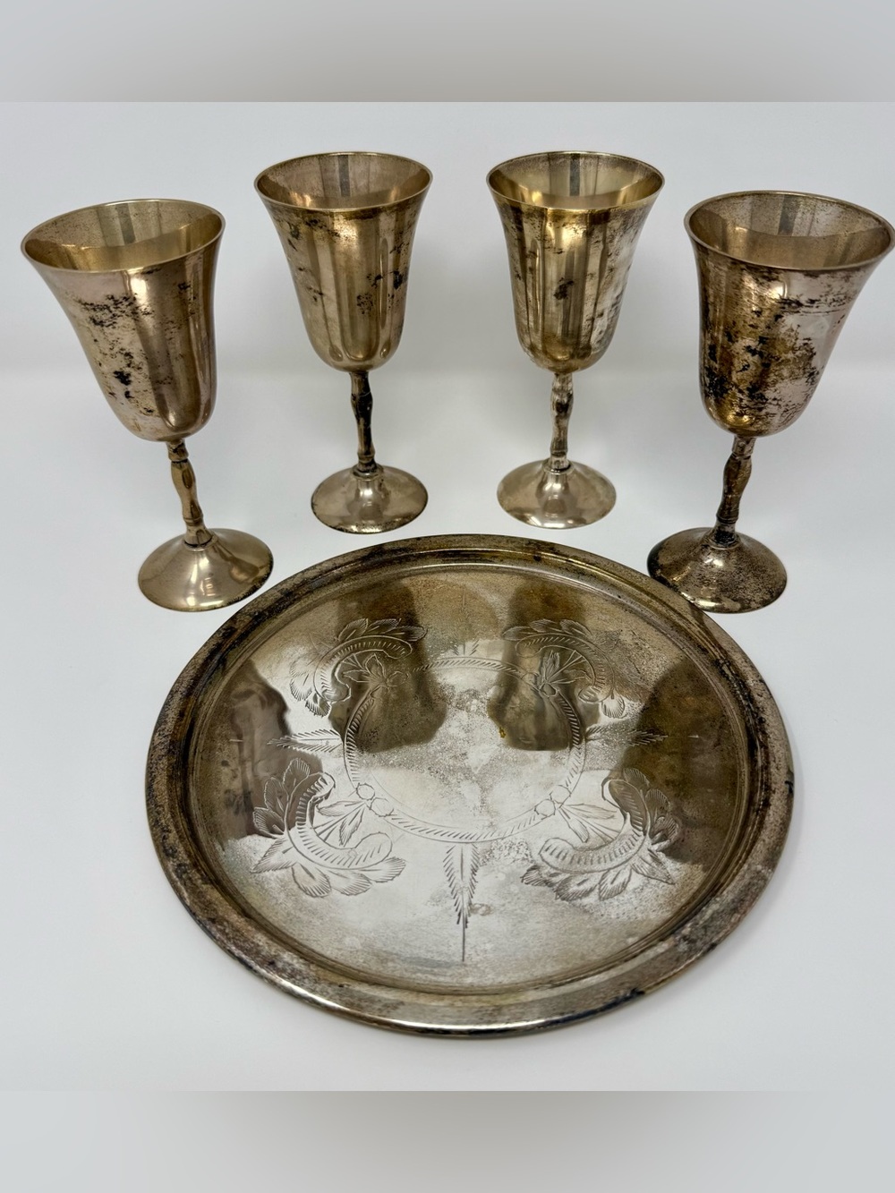 Vintage Set of 4 Silver - Plated Brass Goblets Chalices – Made in India – Patina